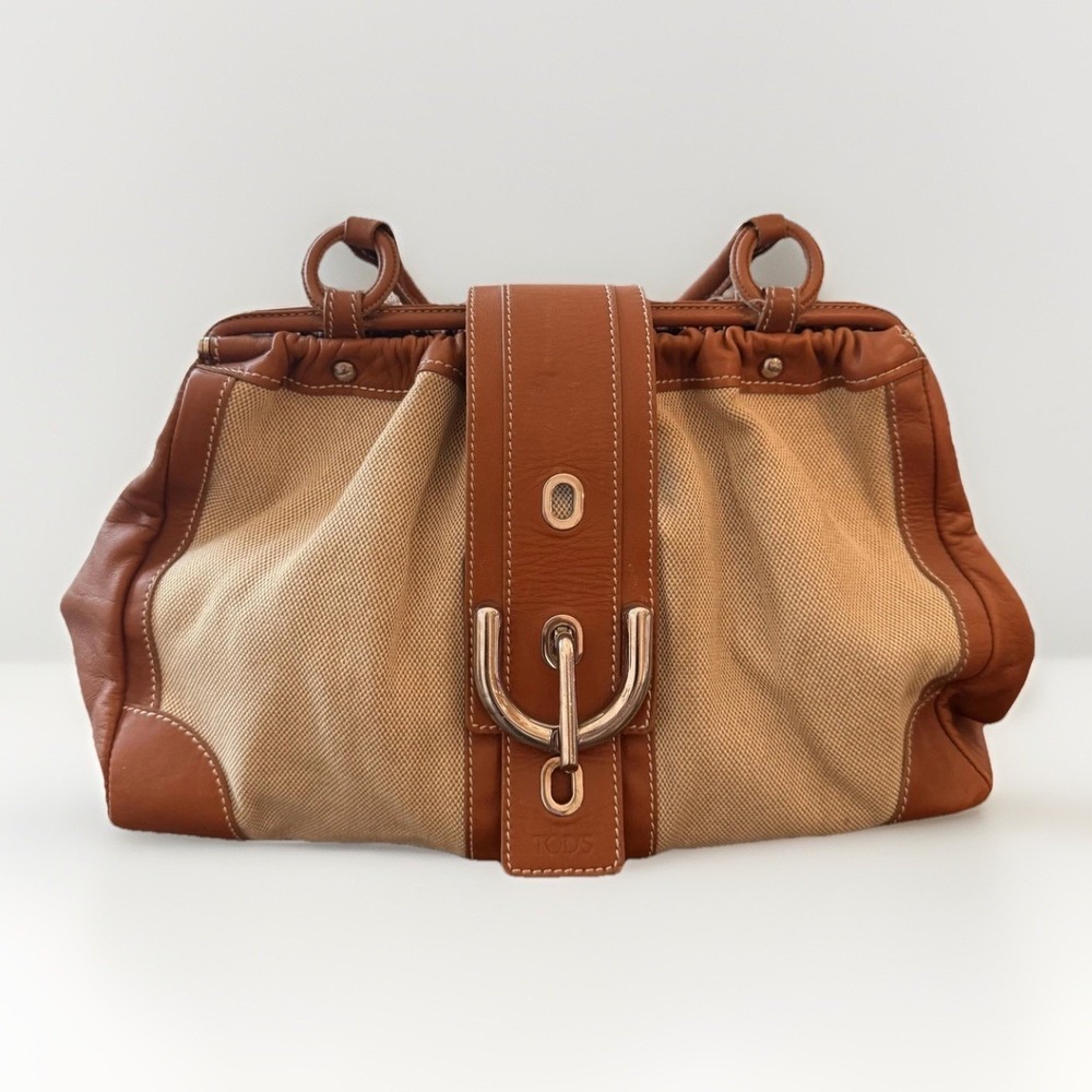 Tod's Satchel Handbag Womens Medium Tan Canvas Leather Toggle Top Handle Italy